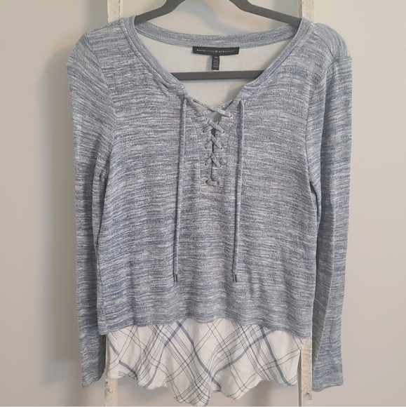 White House Black Market XS spacedye knit plaid layers lace up sweater - Picture 1 of 5